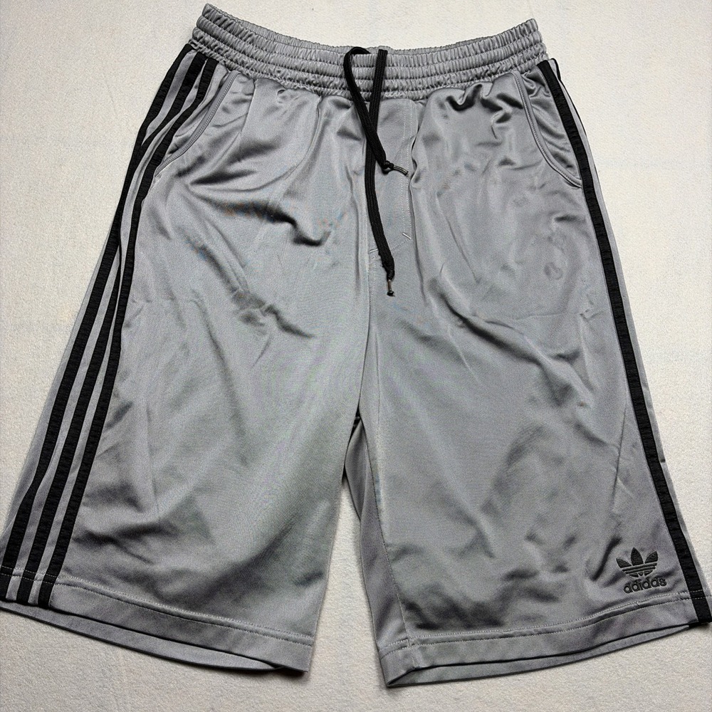 Adidas Basketball Shorts Mens Medium Black Grey Shiny Dazzle Baggy Y2K Silky 11"